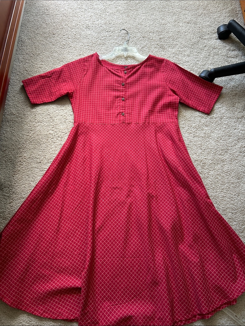 Red Check A-Line Dress with Button Front